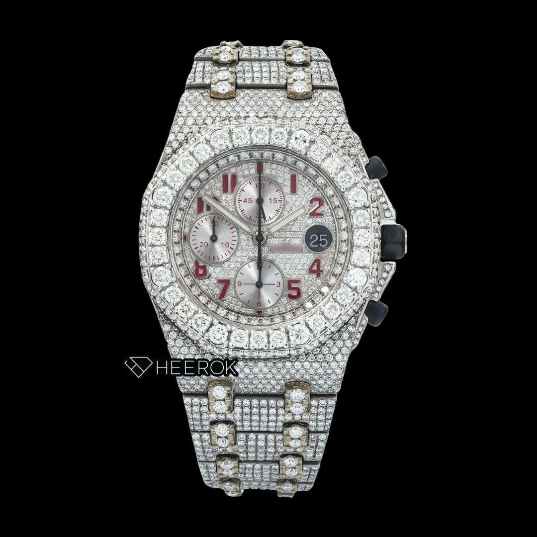 AP Royal Oak Offshore Chronograph Pave Diamond Dial Red Standard Numerals Large Round Diamond Bezel Fully Iced Out Moissanite Watch Front View.