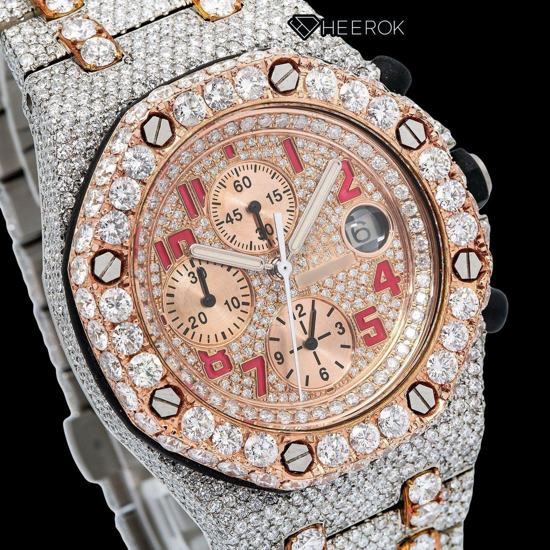 AP Royal Oak Offshore Chronograph Rose Gold Dial Red Standard Numerals Diamond Bezel Fully Iced Two Tone Rose Gold Moissanite Diamond Watch Front View