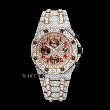 AP Royal Oak Offshore Chronograph Rose Gold Dial Red Standard Numerals Diamond Bezel Fully Iced Two Tone Rose Gold Moissanite Diamond Watch Front View
