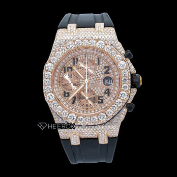 AP Royal Oak Offshore Chronograph  Rose Gold Dial Standard Numerals Diamond Bezel Black Rubber Strap Semi Iced Moissanite Diamond Watch Front View