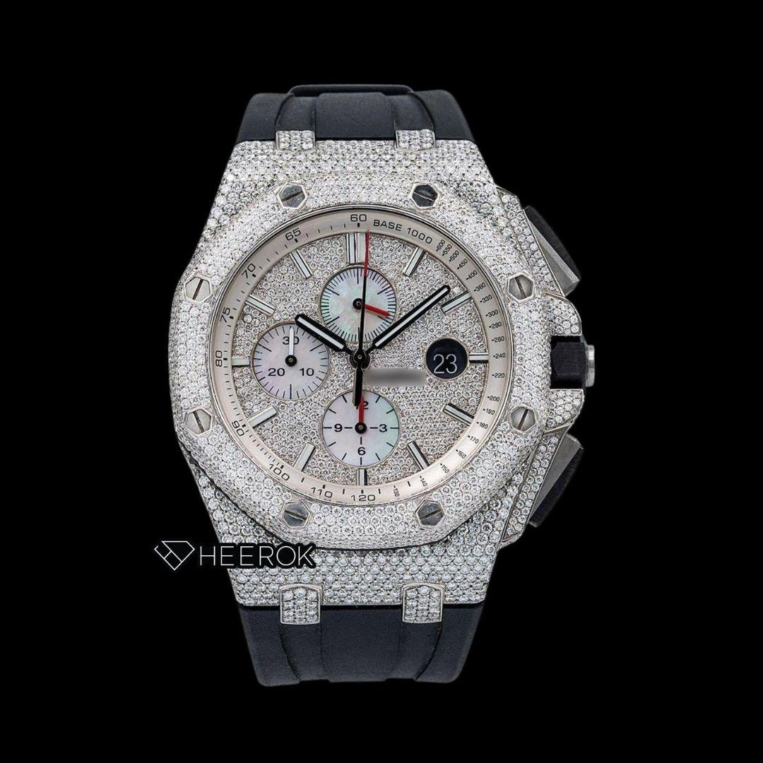 AP Royal Oak Offshore Chronograph Stick Markers Pave Diamond Dial Diamond Bezel Black Rubber Strap Semi Iced Out Moissanite Watch Front View.