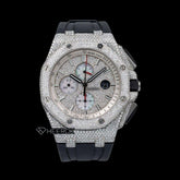 AP Royal Oak Offshore Chronograph Stick Markers Pave Diamond Dial Diamond Bezel Black Rubber Strap Semi Iced Out Moissanite Watch Front View.