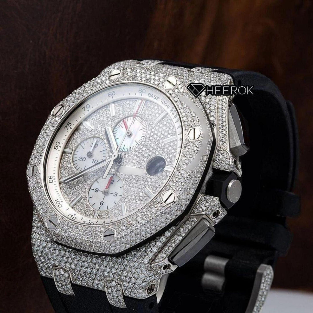 AP Royal Oak Offshore Chronograph Stick Markers Pave Diamond Dial Diamond Bezel Black Rubber Strap Semi Iced Out Moissanite Watch Front View.