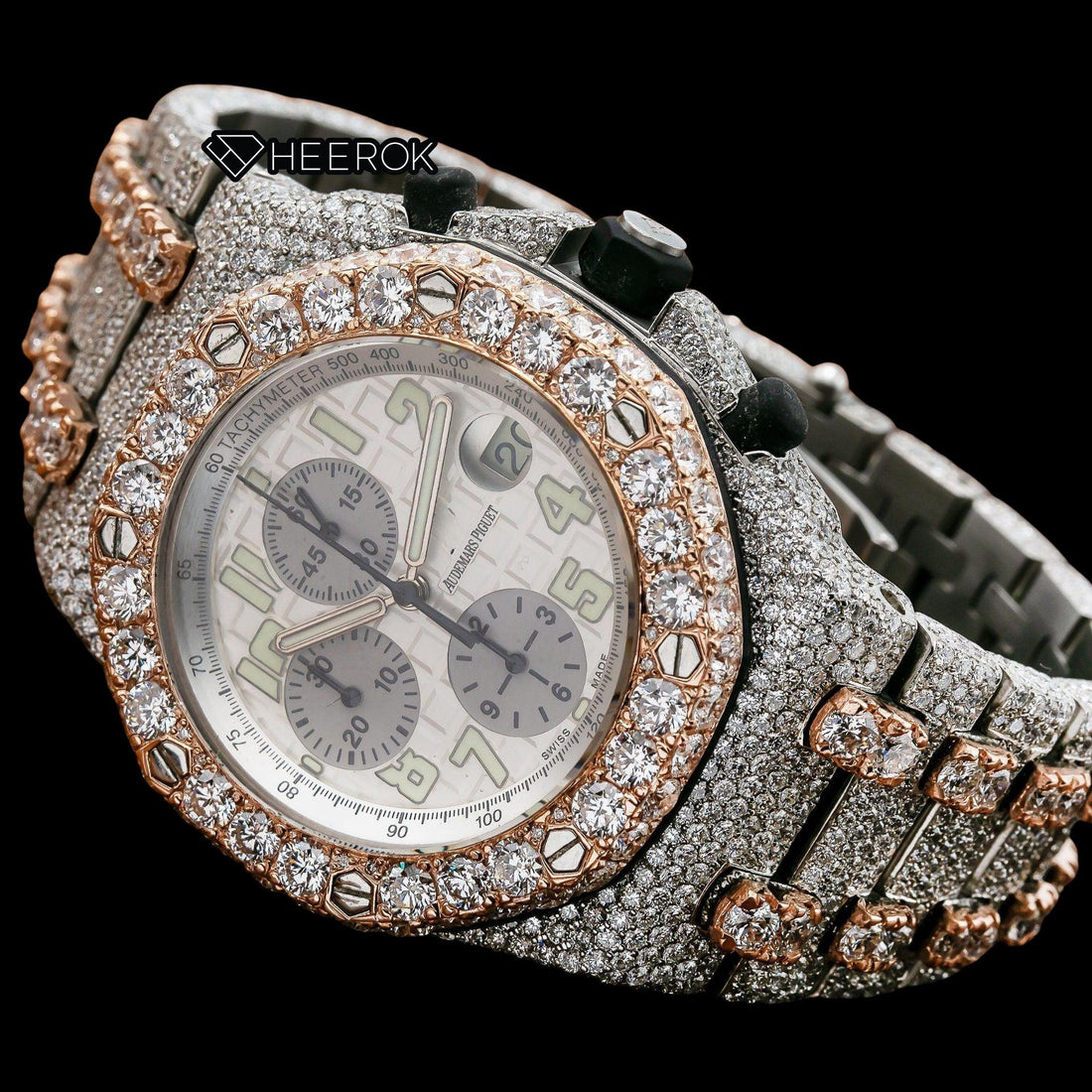 AP Royal Oak Offshore Chronograph White Dial Standard Numerals Large Round Diamond Bezel Rose Gold Two Tone Fully Iced Out Moissanite Watch Front View