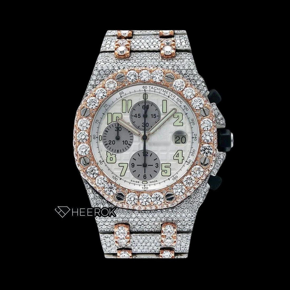 AP Royal Oak Offshore Chronograph White Dial Standard Numerals Large Round Diamond Bezel Rose Gold Two Tone Fully Iced Out Moissanite Watch Front View.