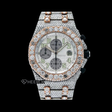 AP Royal Oak Offshore Chronograph White Dial Standard Numerals Large Round Diamond Bezel Rose Gold Two Tone Fully Iced Out Moissanite Watch Front View.