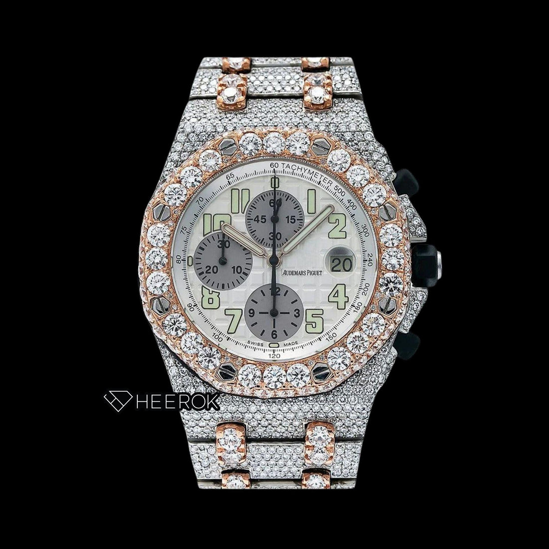 AP Royal Oak Offshore Chronograph White Dial Standard Numerals Large Round Diamond Bezel Rose Gold Two Tone Fully Iced Out Moissanite Watch Front View