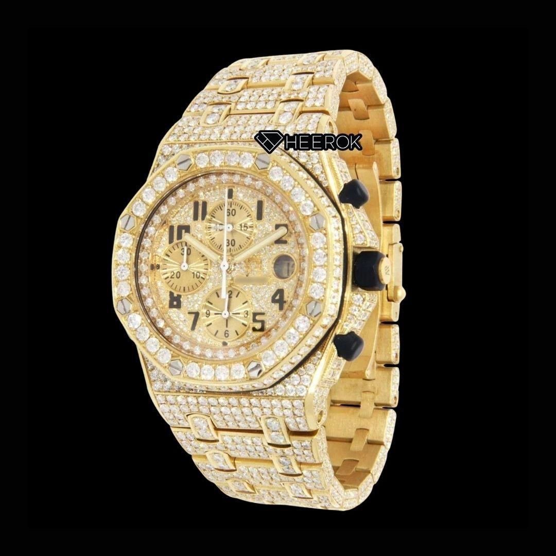 AP Royal Oak Offshore Chronograph Yellow Diamond Dial Standard Numerals Large Round Diamond Yellow Gold Bezel Fully Iced Out Moissanite Watch Front View.