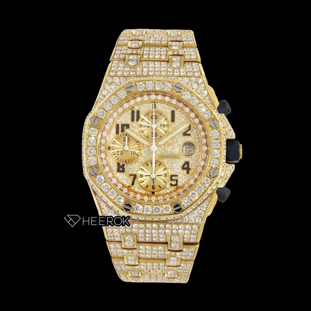 AP Royal Oak Offshore Chronograph Yellow Diamond Dial Standard Numerals Large Round Diamond Yellow Gold Bezel Fully Iced Out Moissanite Watch Front View.