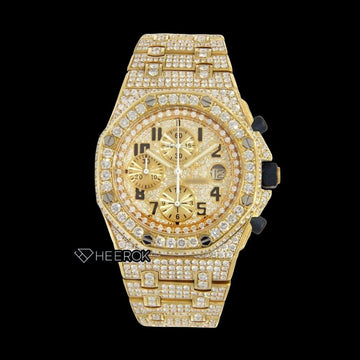 AP Royal Oak Offshore Chronograph Yellow Diamond Dial Standard Numerals Large Round Diamond Yellow Gold Bezel Fully Iced Out Moissanite Watch Front View.