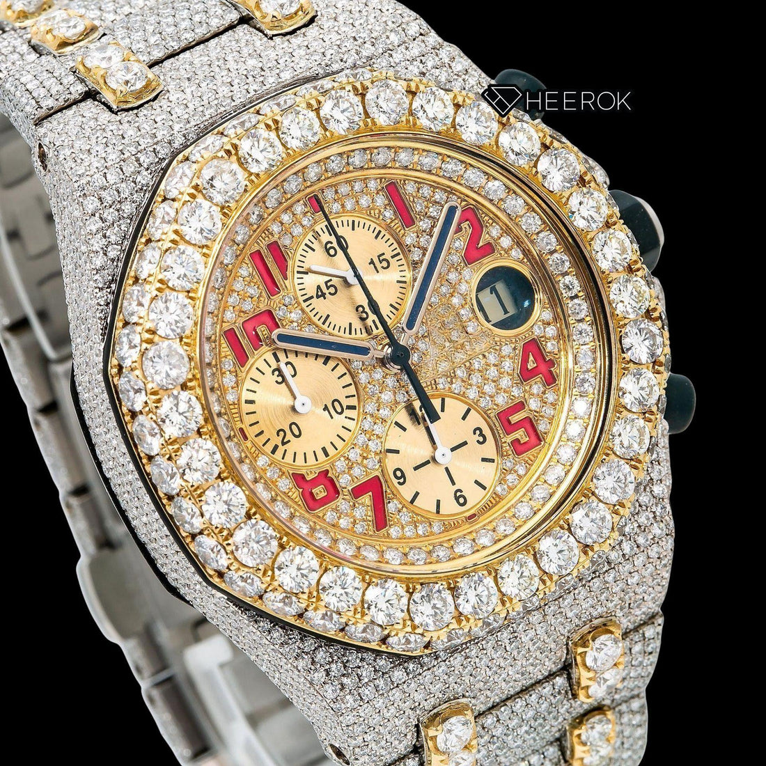 AP Royal Oak Offshore Chronograph Yellow Gold Dial Red Standard Numerals Large Round Diamond Bezel Two Tone Yellow Gold Fully Iced Moissanite Diamond Watch Front View