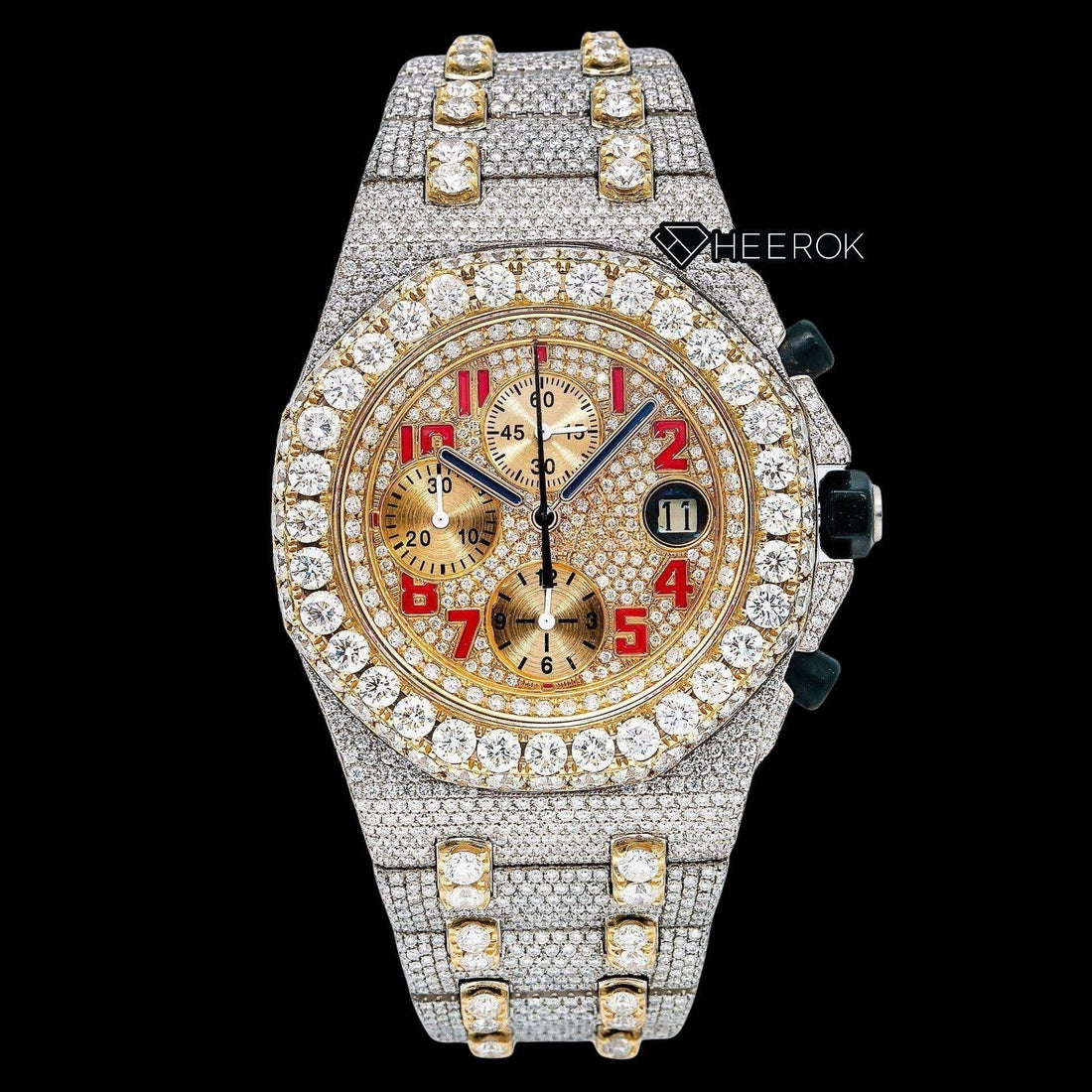 AP Royal Oak Offshore Chronograph Yellow Gold Dial Red Standard Numerals Large Round Diamond Bezel Two Tone Yellow Gold Fully Iced Moissanite Diamond Watch Front View