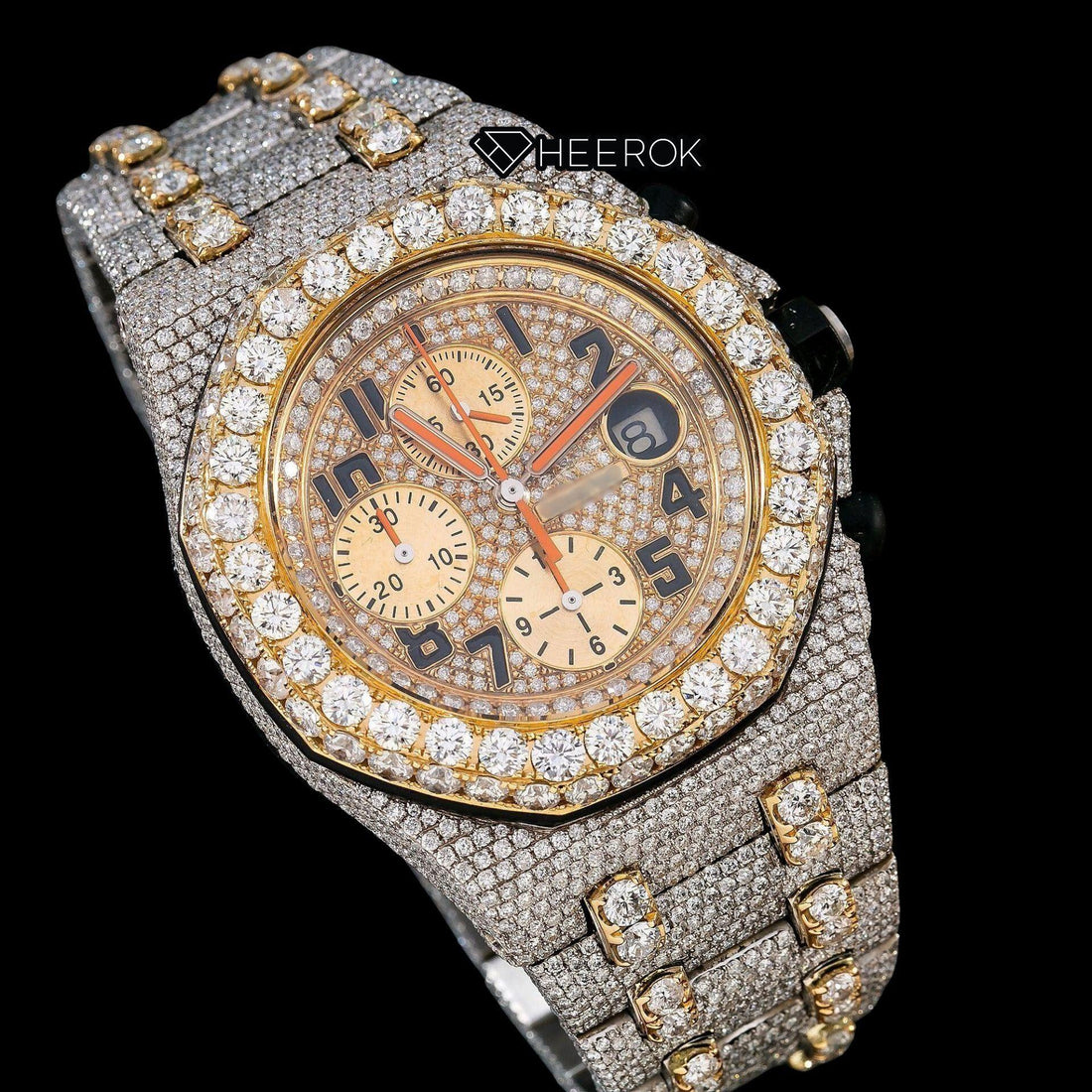 AP Royal Oak Offshore Chronograph Yellow Gold Dial Standard Numerals Large Round Diamond Bezel Two Tone Yellow Gold Moissanite Diamond Watch Front View