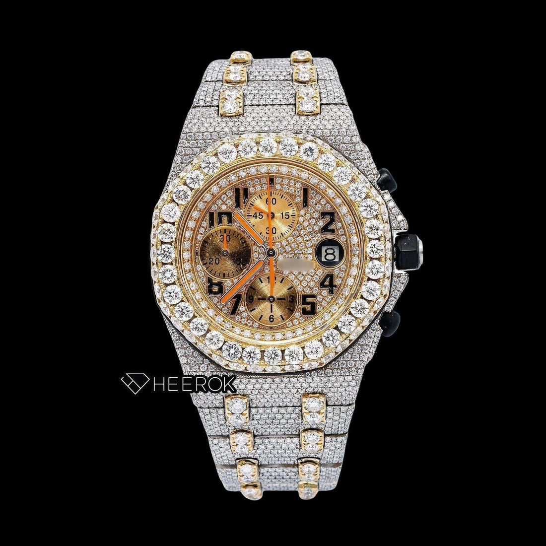 AP Royal Oak Offshore Chronograph Yellow Gold Dial Standard Numerals Large Round Diamond Bezel Two Tone Yellow Gold Moissanite Diamond Watch Front View