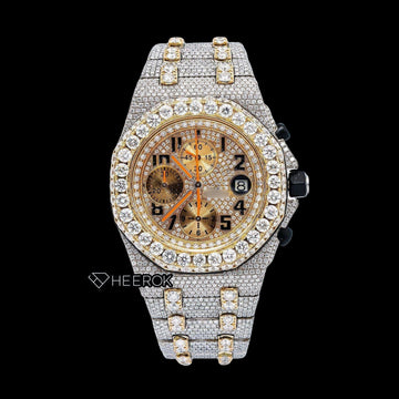 AP Royal Oak Offshore Chronograph Yellow Gold Dial Standard Numerals Large Round Diamond Bezel Two Tone Yellow Gold Moissanite Diamond Watch Front View