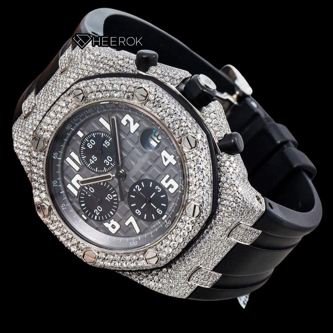 AP Royal Oak Offshore Standard Numerals Chronograph Black Dial Diamond Bezel Black Rubber Strap Semi Iced Out Moissanite Watch Front View.