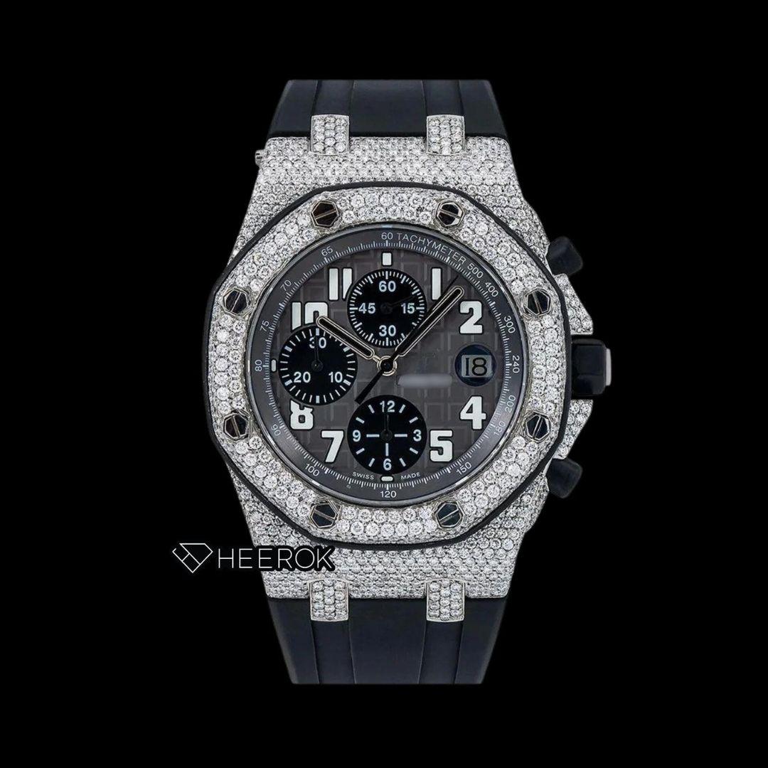 AP Royal Oak Offshore Standard Numerals Chronograph Black Dial Diamond Bezel Black Rubber Strap Semi Iced Out Moissanite Watch Front View.
