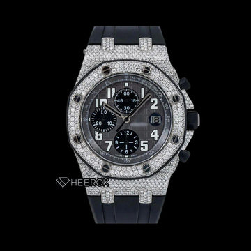 AP Royal Oak Offshore Standard Numerals Chronograph Black Dial Diamond Bezel Black Rubber Strap Semi Iced Out Moissanite Watch Front View.
