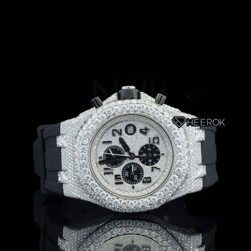 AP Royal Oak Offshore Standard Numerals Chronograph White Dial Diamond Bezel Moissanite Diamond Black Rubber Strap  Front View  