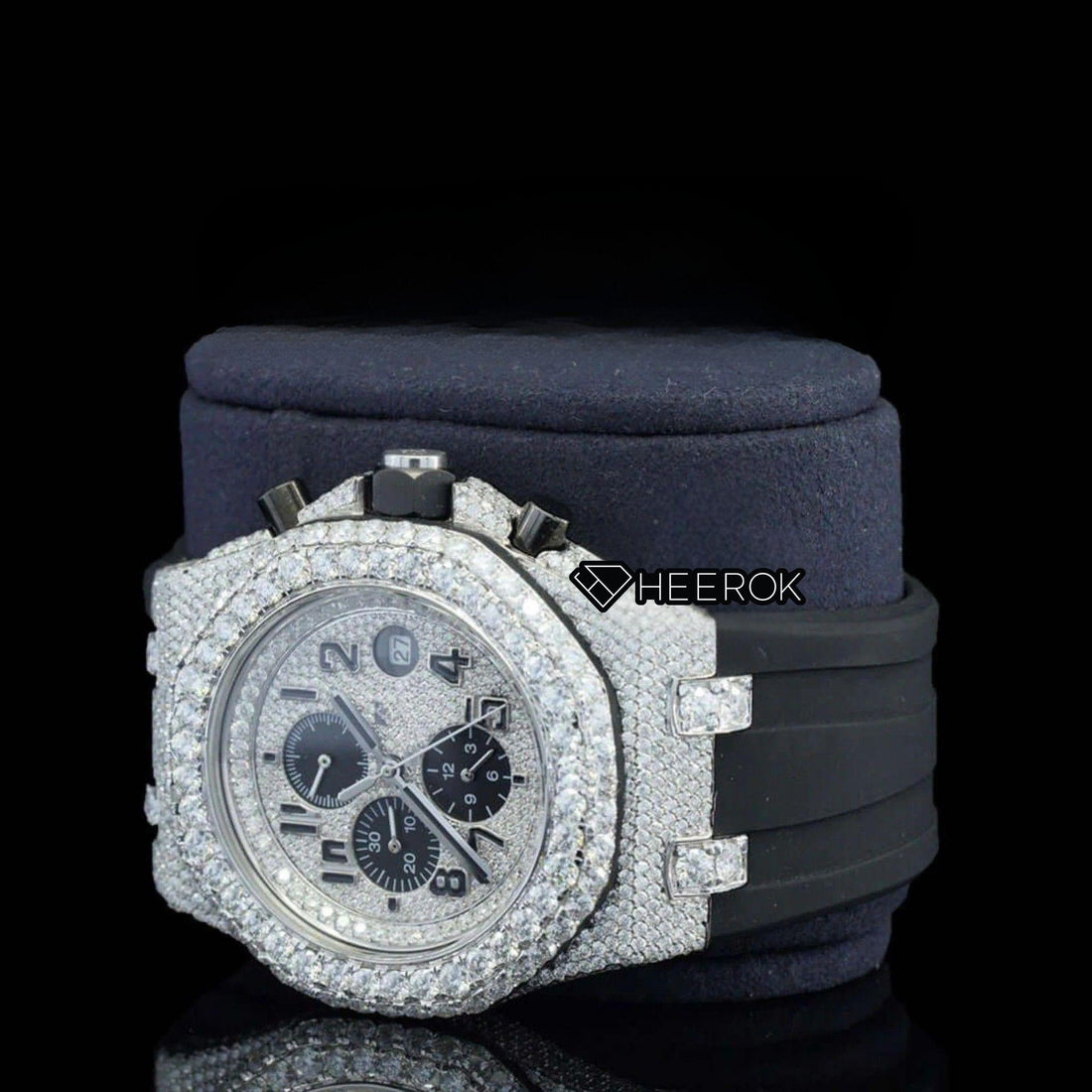 AP Royal Oak Offshore Standard Numerals Chronograph White Dial Diamond Bezel Moissanite Diamond Black Rubber Strap  Front View  