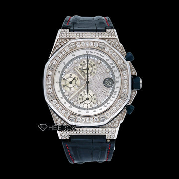 AP Royal Oak Offshore White Dial Diamond Markers Diamond Bezel Leather Strap Semi Iced Moissanite Diamond Watch Front View