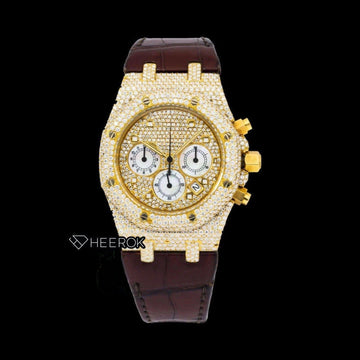 AP Royal Oak Offshore Yellow Dial Square Shape Markers Diamond Bezel Yellow Gold Moissanite Diamond Brown  Leather Strap Front View