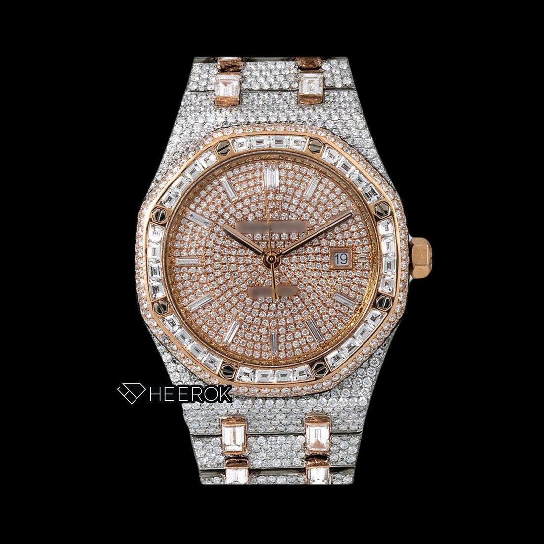 AP Royal Oak Pave Diamond Dial Baguette Diamond Markers Rose Gold Baguette Diamond Bezel Two Tone Fully Iced Out Moissanite Watch Front View.