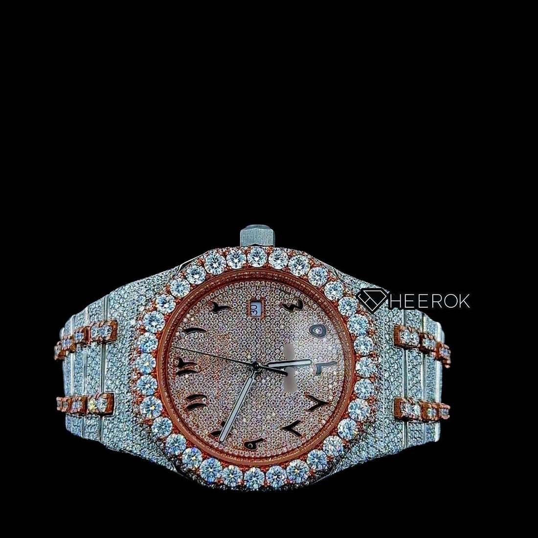 AP Royal Oak Rose Gold Dial Arabic Numerals Diamond Bezel Two Tone Rose Gold Moissanite Diamond Bracelet Front View.