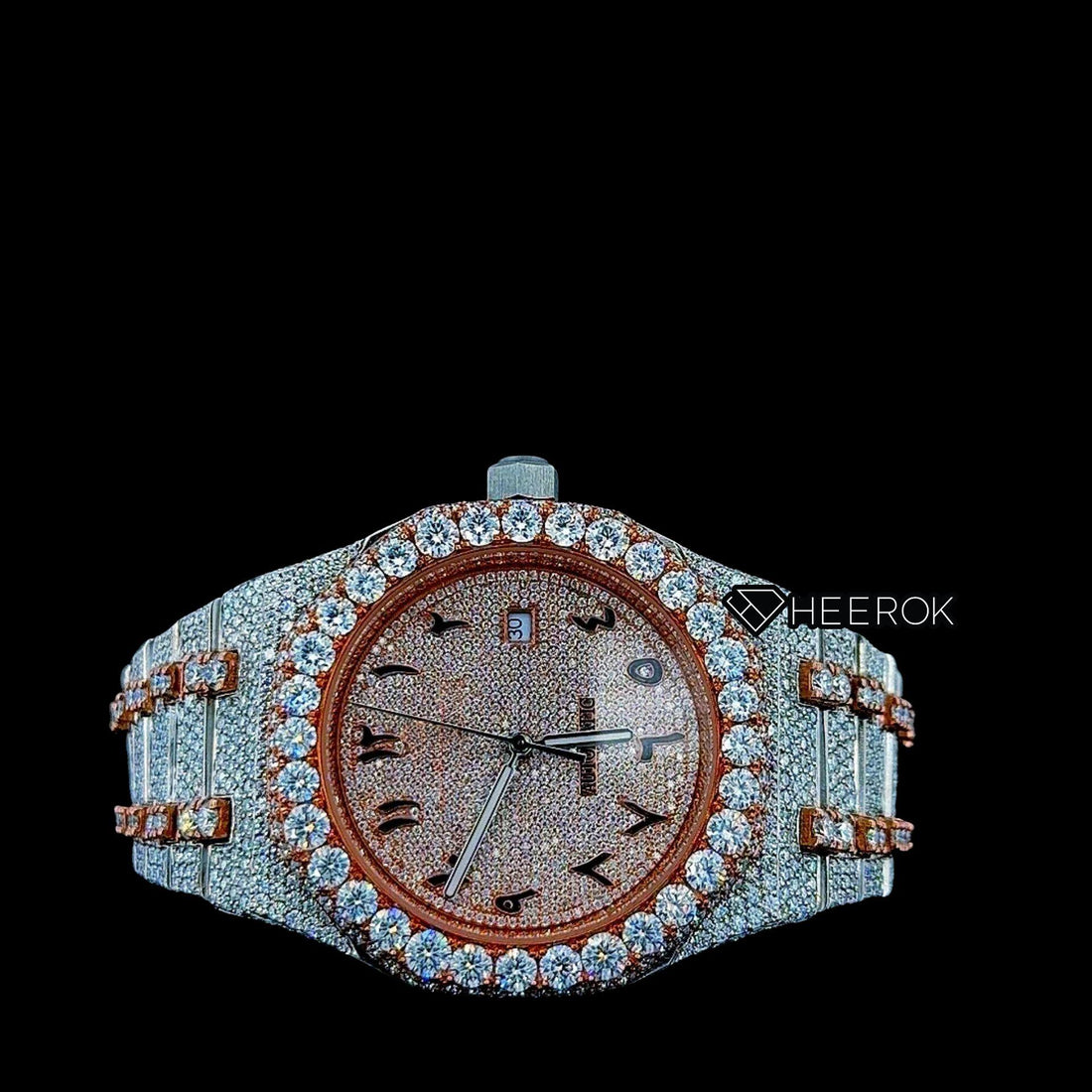 AP Royal Oak Rose Gold Dial Arabic Numerals Diamond Bezel Two Tone Rose Gold Moissanite Diamond Bracelet Front View
