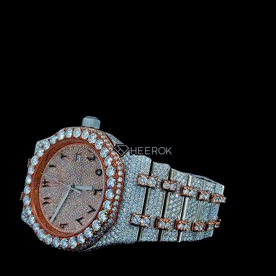 AP Royal Oak Rose Gold Dial Arabic Numerals Diamond Bezel Two Tone Rose Gold Moissanite Diamond Bracelet Front View.