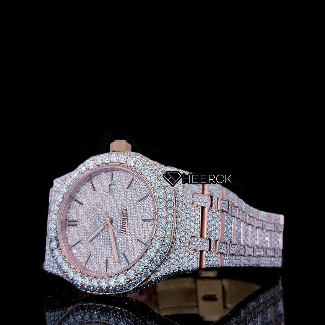 AP Royal Oak Rose Gold Dial Black Stick Markers Diamond Bezel Rose Gold Moissanite Diamond Bracelet Front View