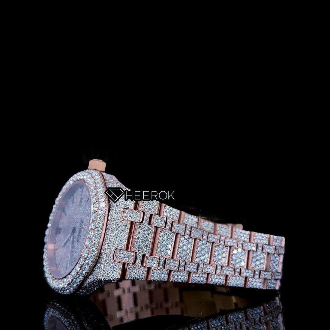 AP Royal Oak Rose Gold Dial Black Stick Markers Diamond Bezel Rose Gold Moissanite Diamond Bracelet Front View