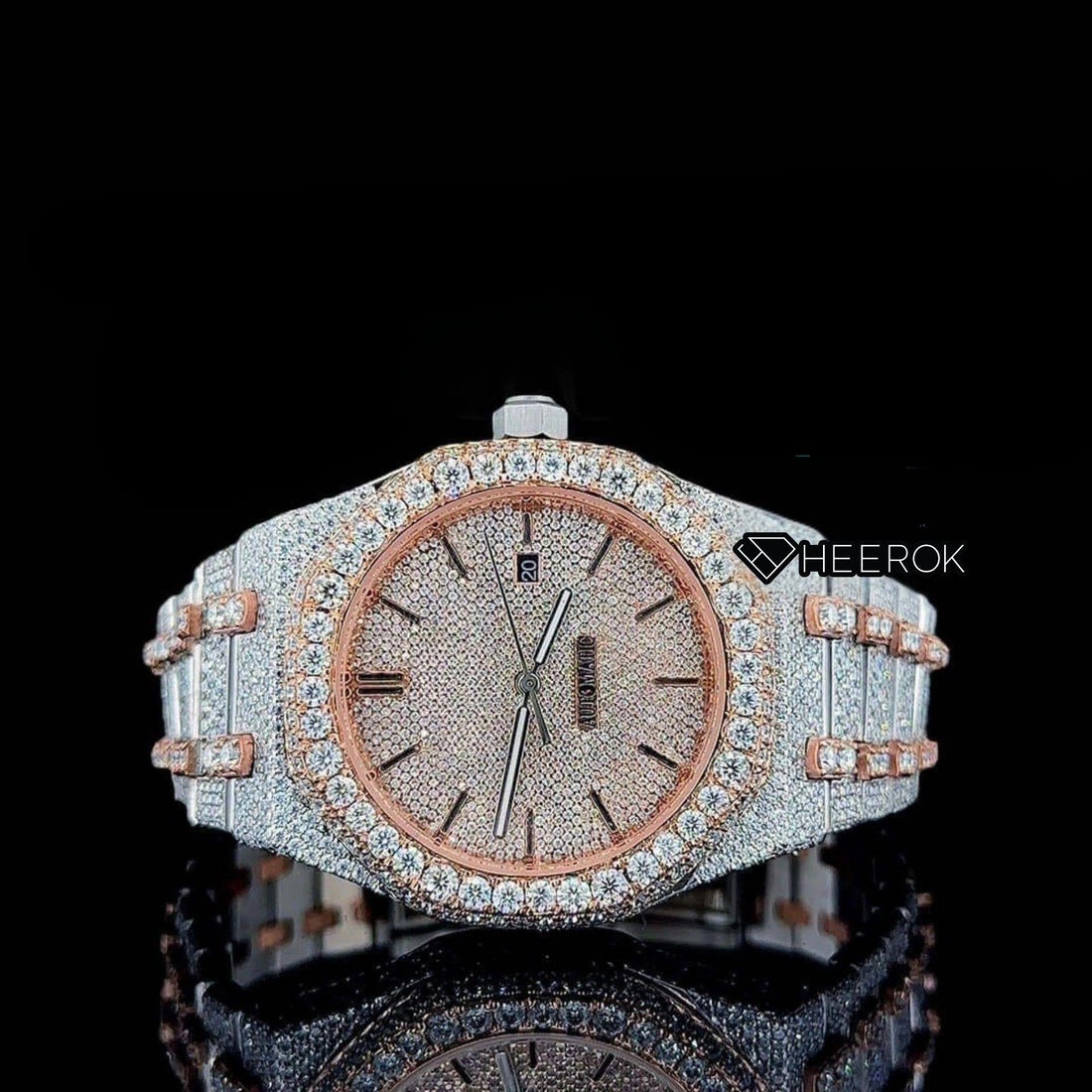 AP Royal Oak Rose Gold Dial Black Stick Markers Diamond Bezel Two Tone Rose Gold Moissanite Diamond Bracelet Front View