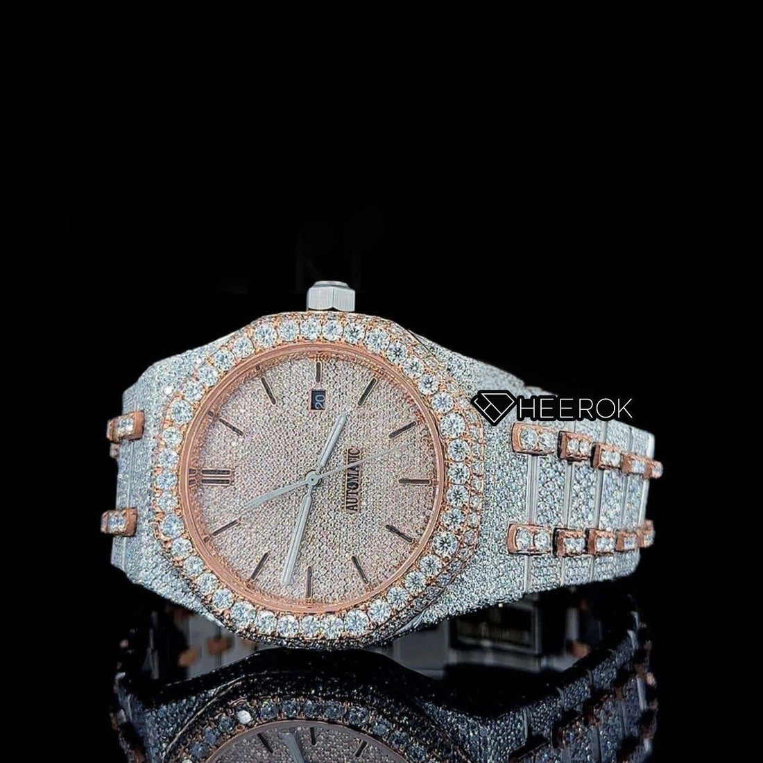 AP Royal Oak Rose Gold Dial Black Stick Markers Diamond Bezel Two Tone Rose Gold Moissanite Diamond Bracelet Front View