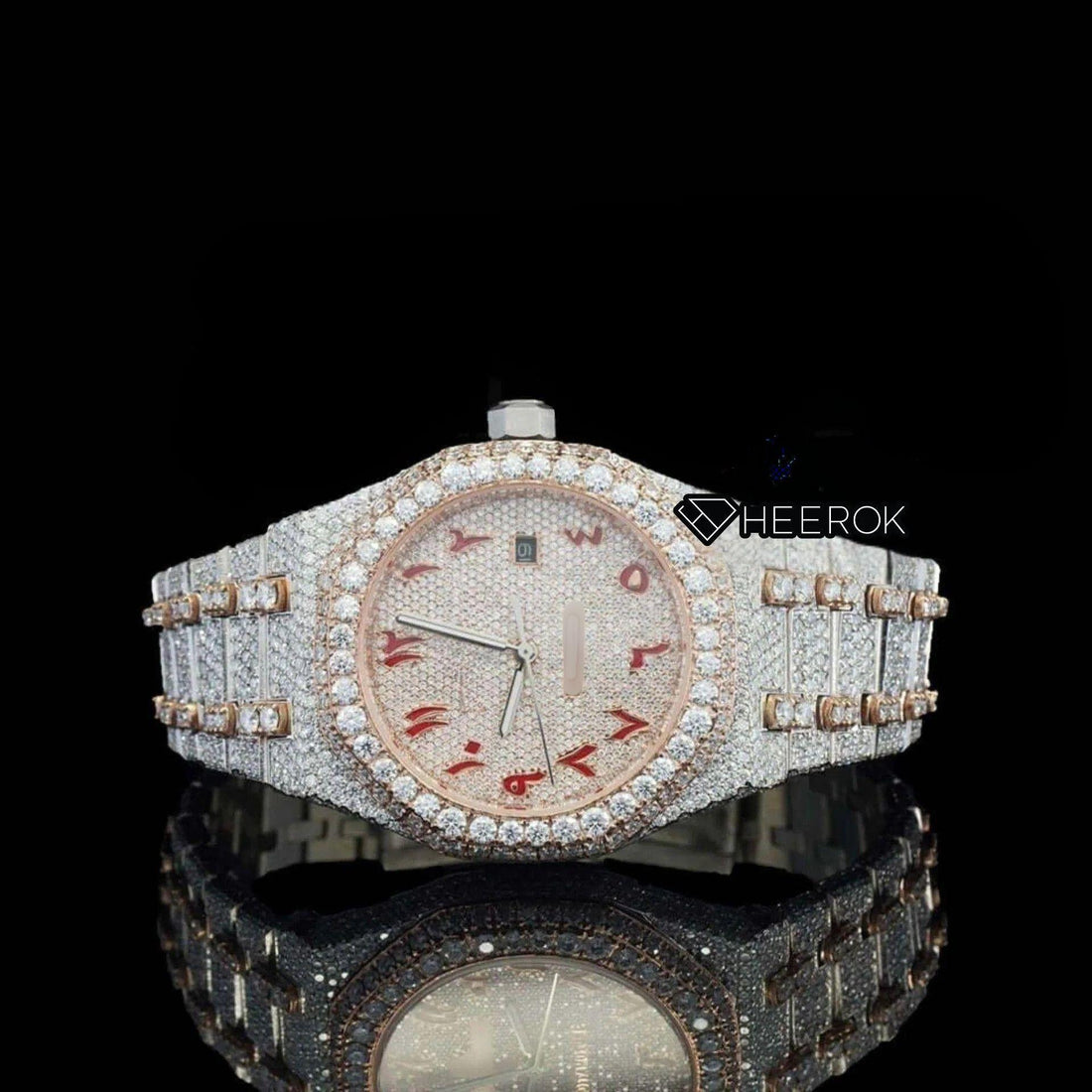 AP Royal Oak Rose Gold Dial Red Arabic Numerals Diamond Bezel Two Tone Rose Gold Moissanite Diamond Bracelet Front View.