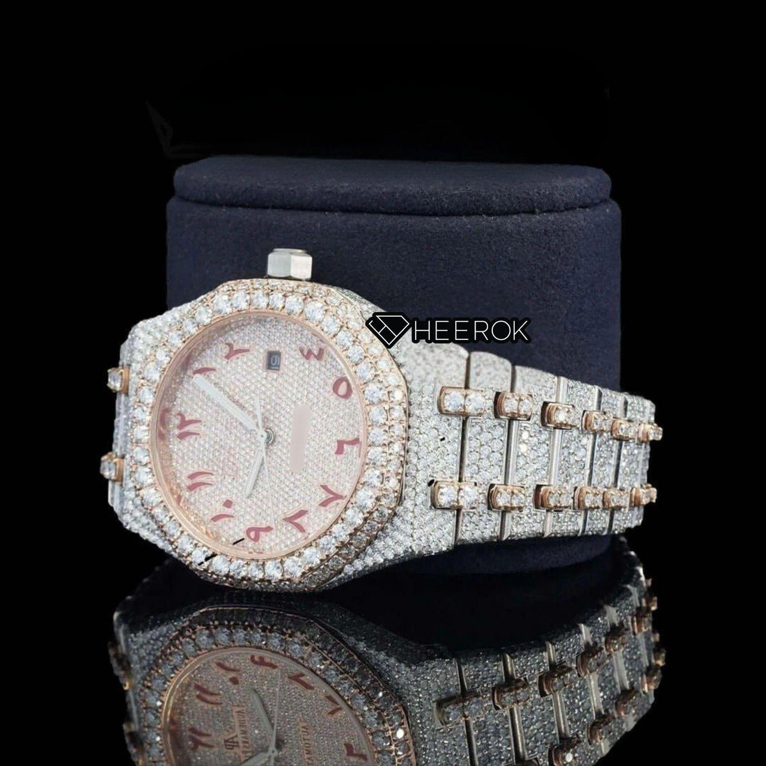 AP Royal Oak Rose Gold Dial Red Arabic Numerals Diamond Bezel Two Tone Rose Gold Moissanite Diamond Bracelet Front View.