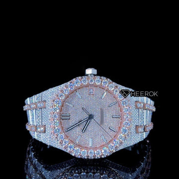 AP Royal Oak Rose Gold Dial Stick Markers Diamond Bezel Two Tone Rose Gold Moissanite Diamond Bracelet Front View.