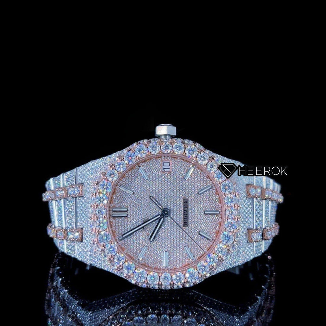 AP Royal Oak Rose Gold Dial Stick Markers Diamond Bezel Two Tone Rose Gold Moissanite Diamond Bracelet Front View