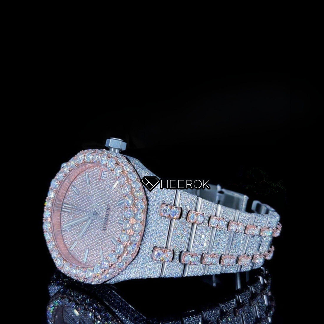 AP Royal Oak Rose Gold Dial Stick Markers Diamond Bezel Two Tone Rose Gold Moissanite Diamond Bracelet Front View