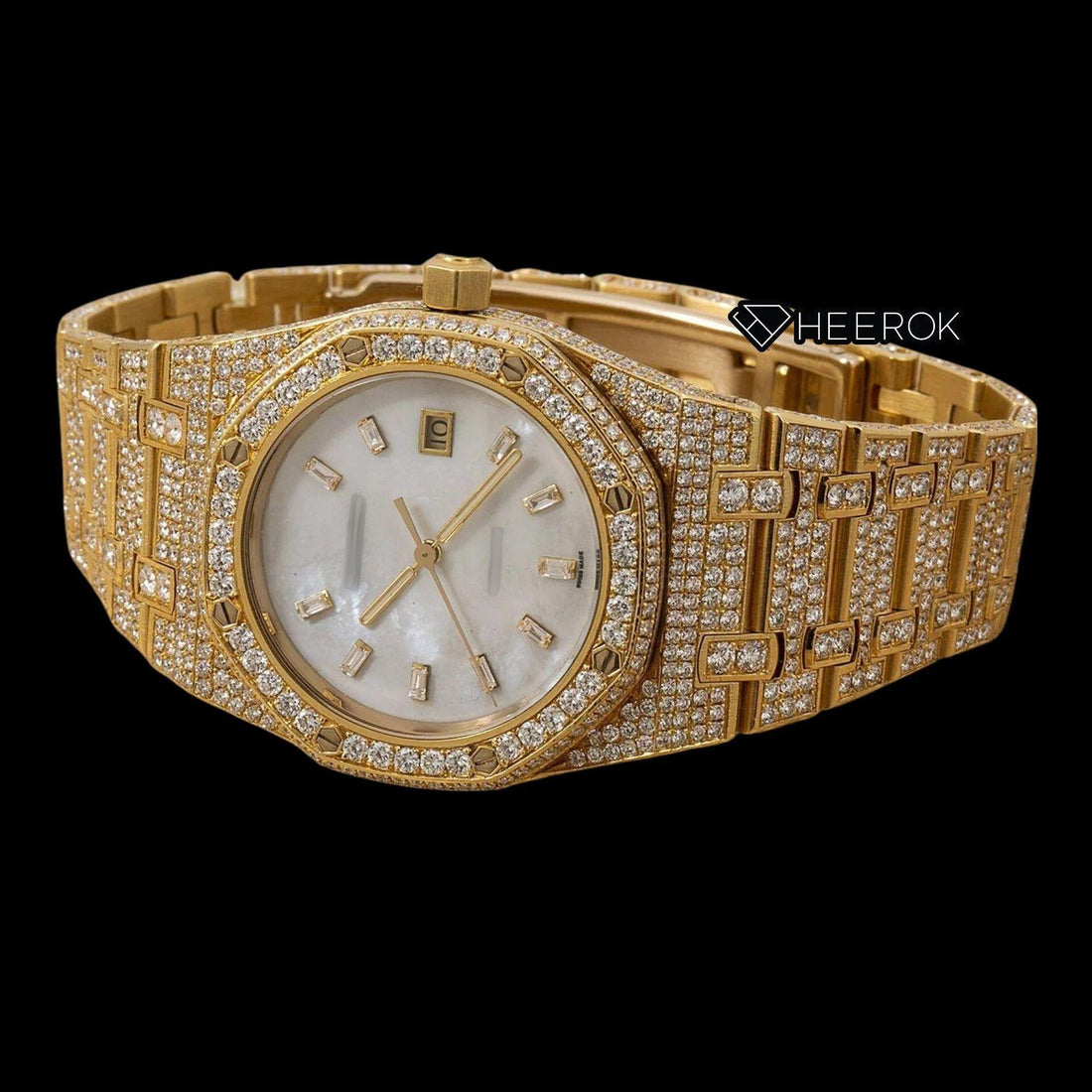 AP Royal Oak White Dial Baguette Diamond Markers Diamond Bezel Fully Iced Yellow Gold Moissanite Watch For Women Front View.