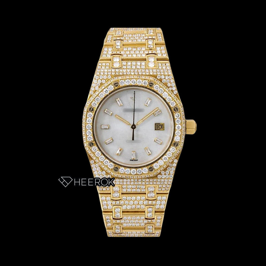 AP Royal Oak White Dial Baguette Diamond Markers Diamond Bezel Fully Iced Yellow Gold Moissanite Watch For Women Front View.