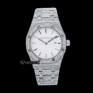 AP Royal Oak White Dial Stick Markers Diamond Bezel Bust Down Moissanite Diamond Watch For Women Front View