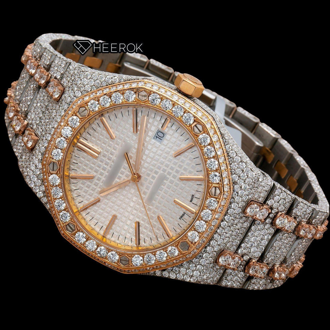 AP Royal Oak White Dial Stick Markers Diamond Bezel Two Tone Rose Gold Fully Iced Out Moissanite Watch Front View.