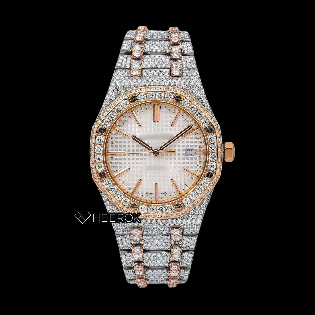 AP Royal Oak White Dial Stick Markers Diamond Bezel Two Tone Rose Gold Fully Iced Out Moissanite Watch Front View.