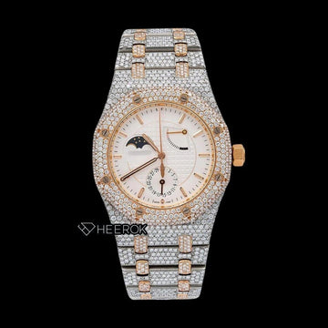 AP Royal Oak White Moonphase Dial Stick Markers Diamond Bezel Rose Gold Two Tone Fully Iced Out Moissanite Diamond Watch Front View.