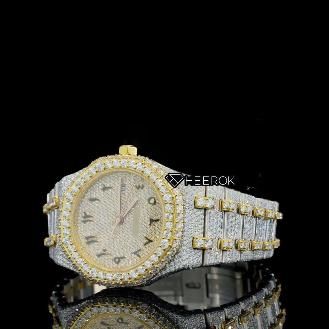 AP Royal Oak Yellow Dial Arabic Numerals Diamond Bezel Two Tone Yellow Gold Moissanite Diamond Bracelet Front View.