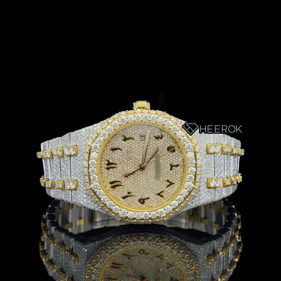 AP Royal Oak Yellow Dial Arabic Numerals Diamond Bezel Two Tone Yellow Gold Moissanite Diamond Bracelet Front View.
