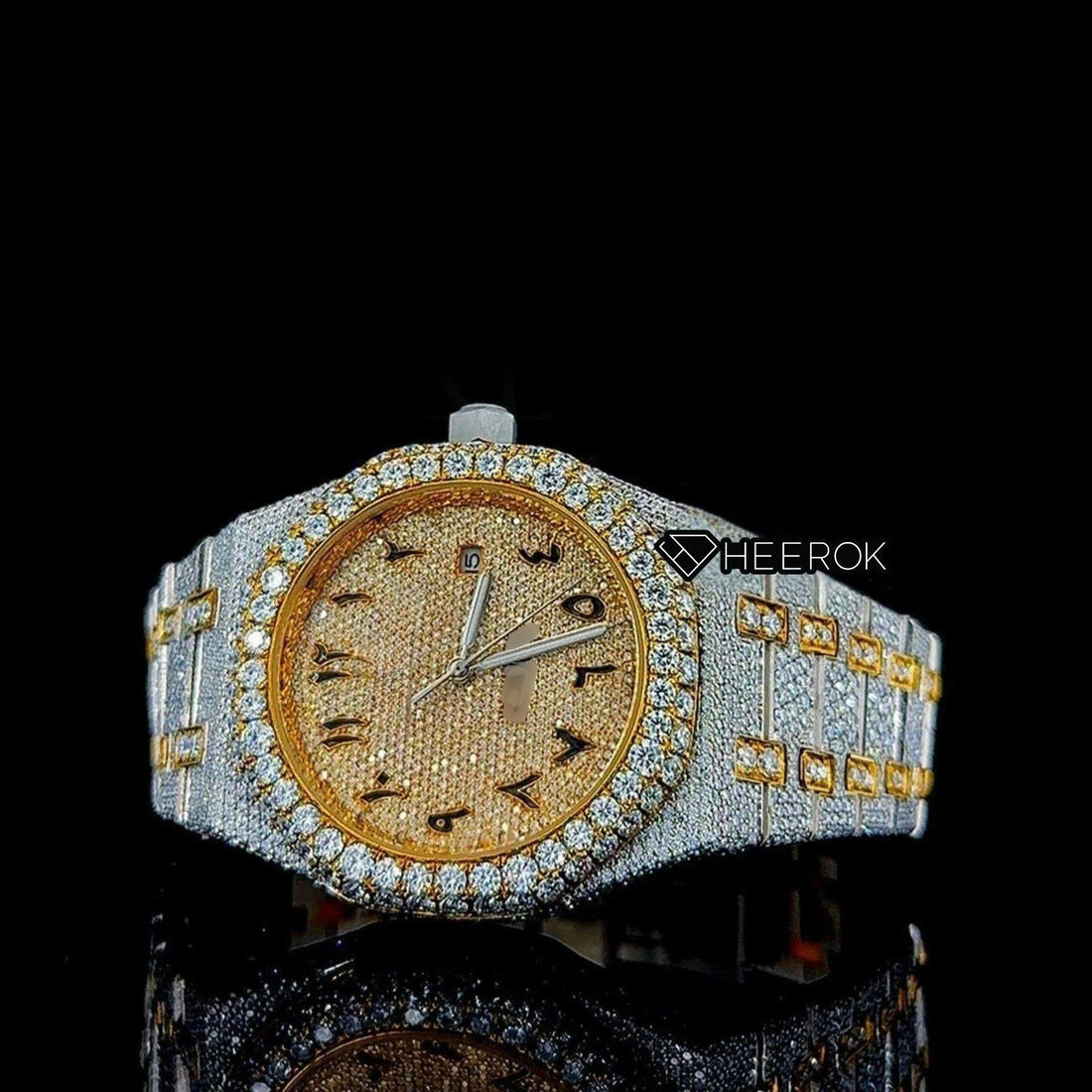AP Royal Oak Yellow Dial Black Arabic Numerals Diamond Bezel Two Tone Yellow Gold Moissanite Diamond For Women Front View.