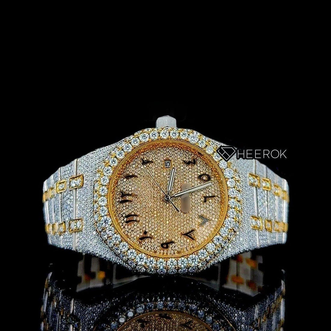 AP Royal Oak Yellow Dial Black Arabic Numerals Diamond Bezel Two Tone Yellow Gold Moissanite Diamond Front View.