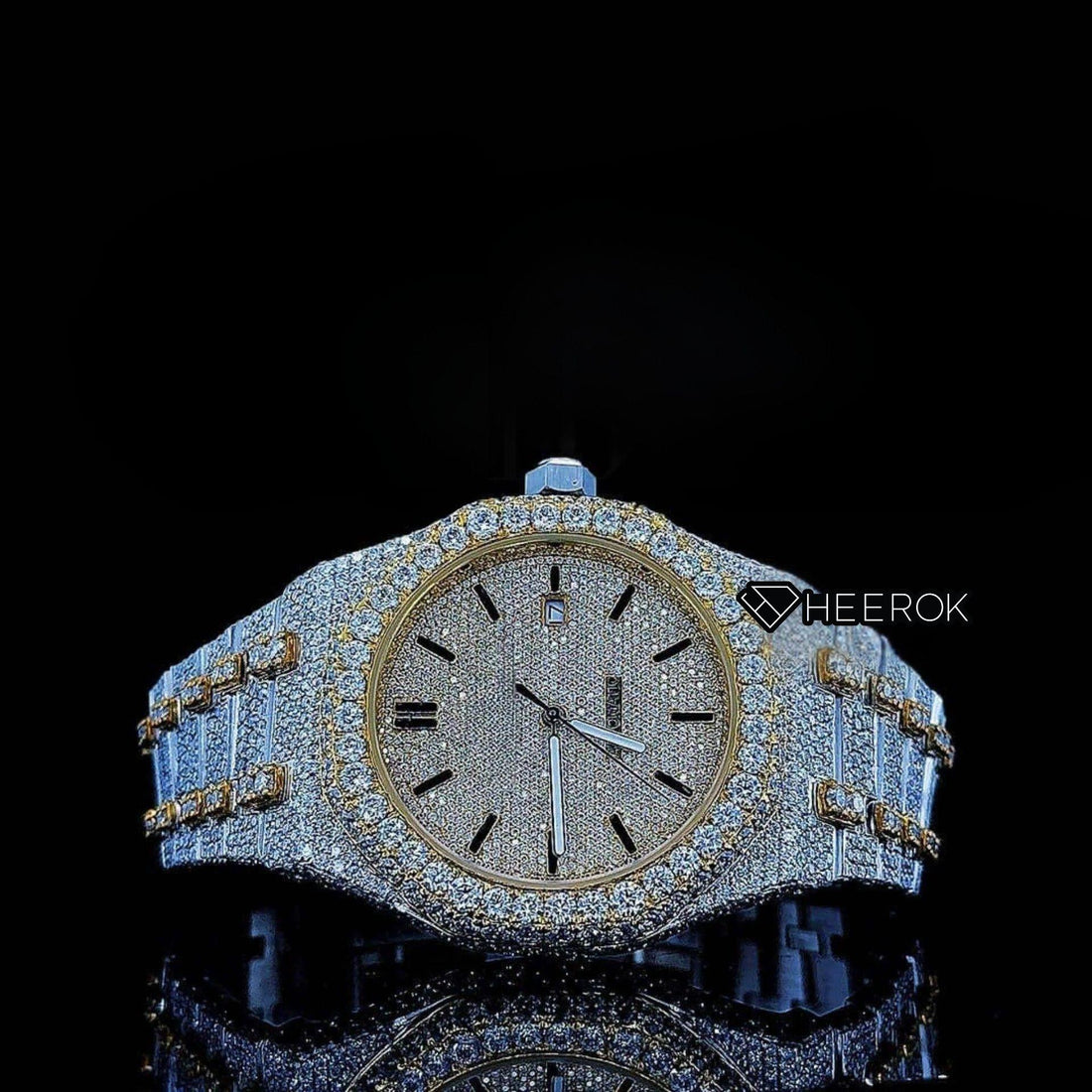 AP Royal Oak Yellow Dial Black Stick Markers Diamond Bezel Two Tone Yellow Gold Moissanite Diamond Front View
